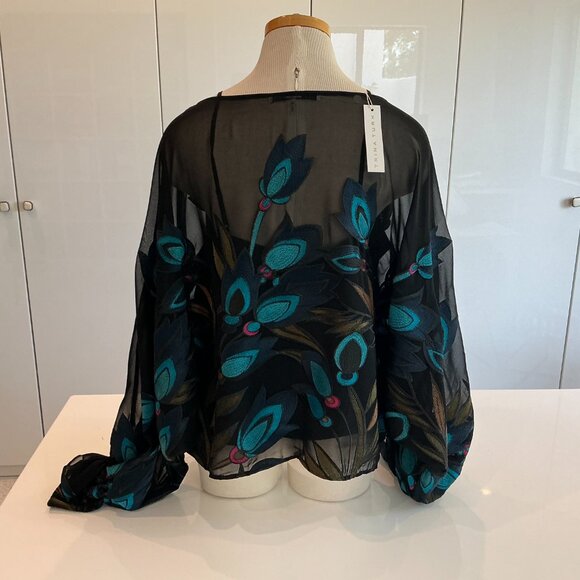 Trina Turk, Soho Top, Embroidered Sheer Georgette , Size XL - Picture 3 of 8